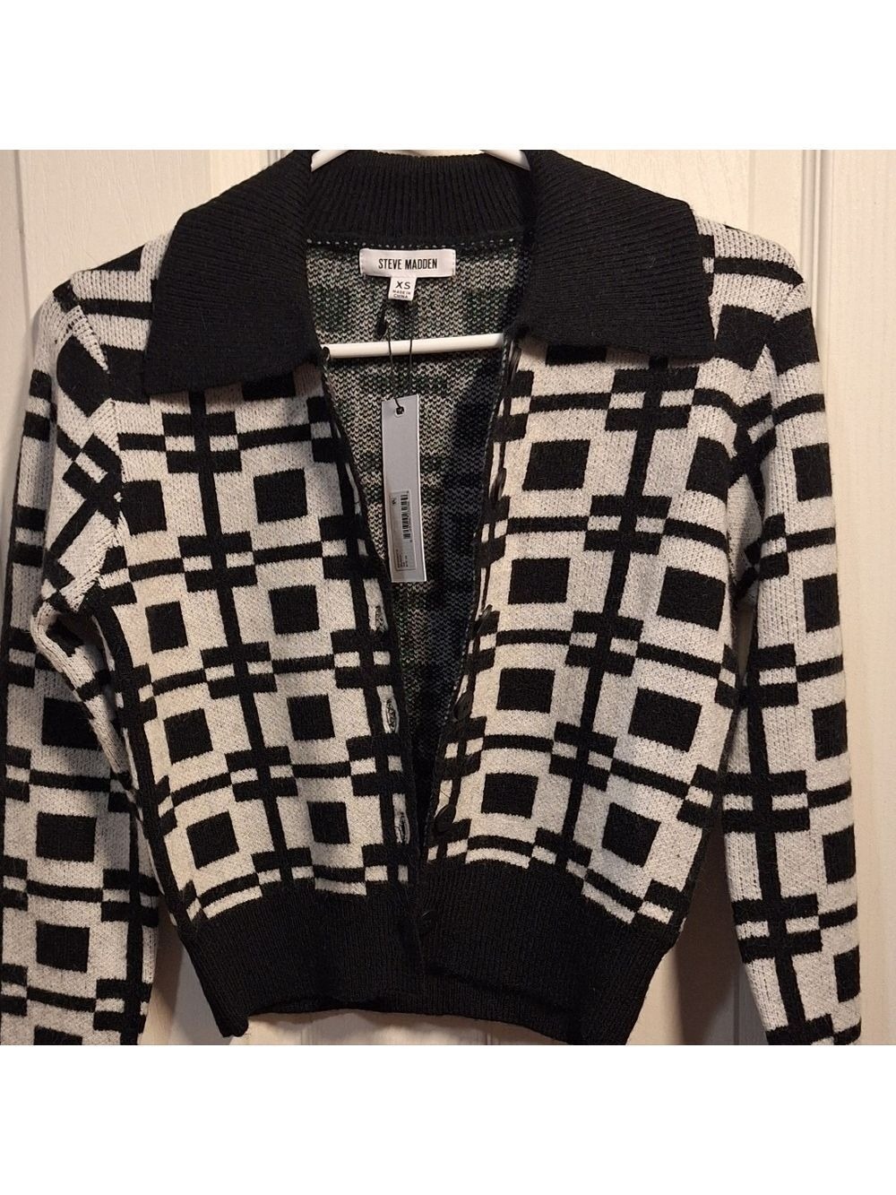 Steve Madden Black and White Checkered Cardigan XS NWT - Picture 2 of 9